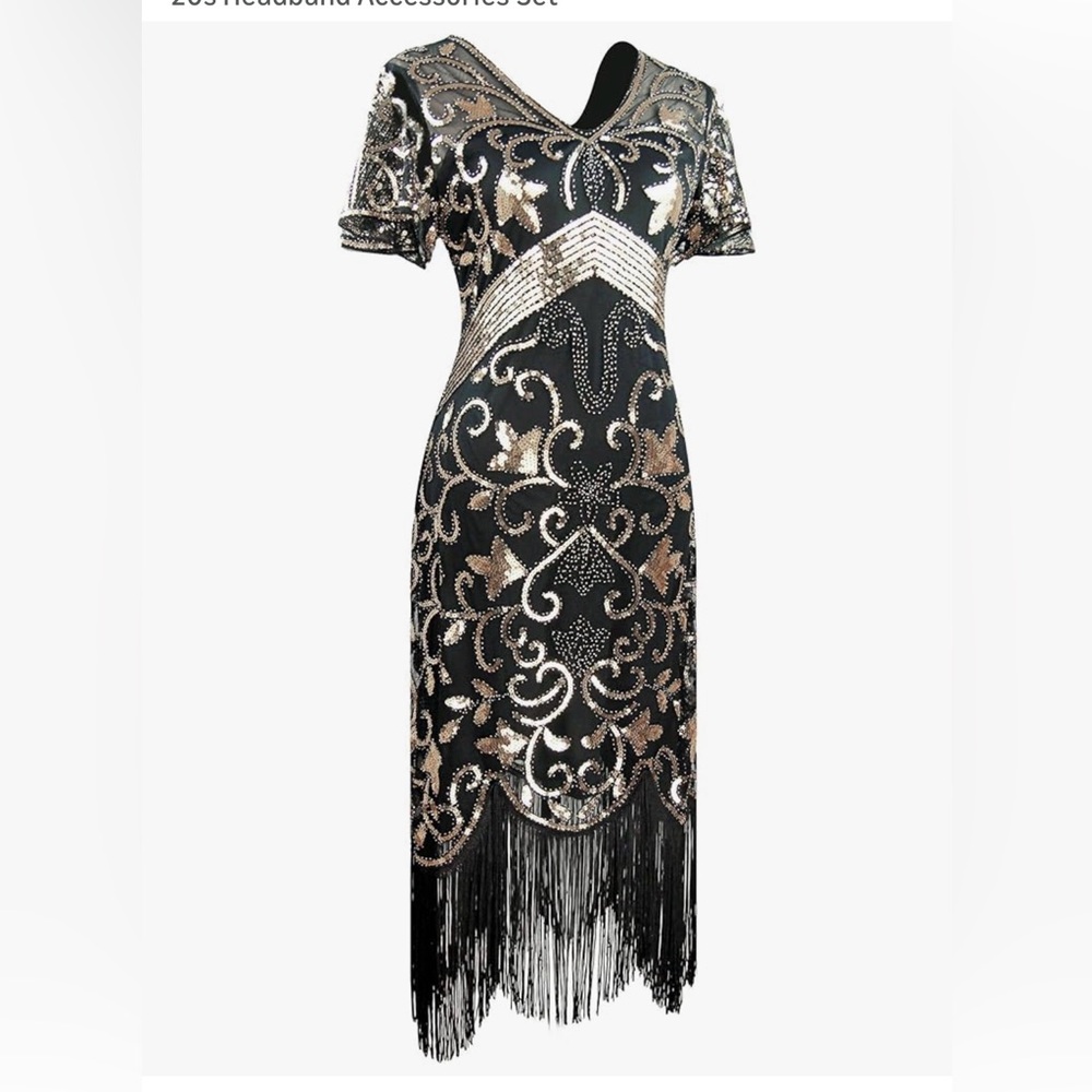 Women's 1920s Style Sequins Flapper Gatsby Cocktail Dress Black & Gold XL